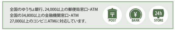 全国のゆうちょ銀行、他数多くの金融窓口ATMに対応しています。